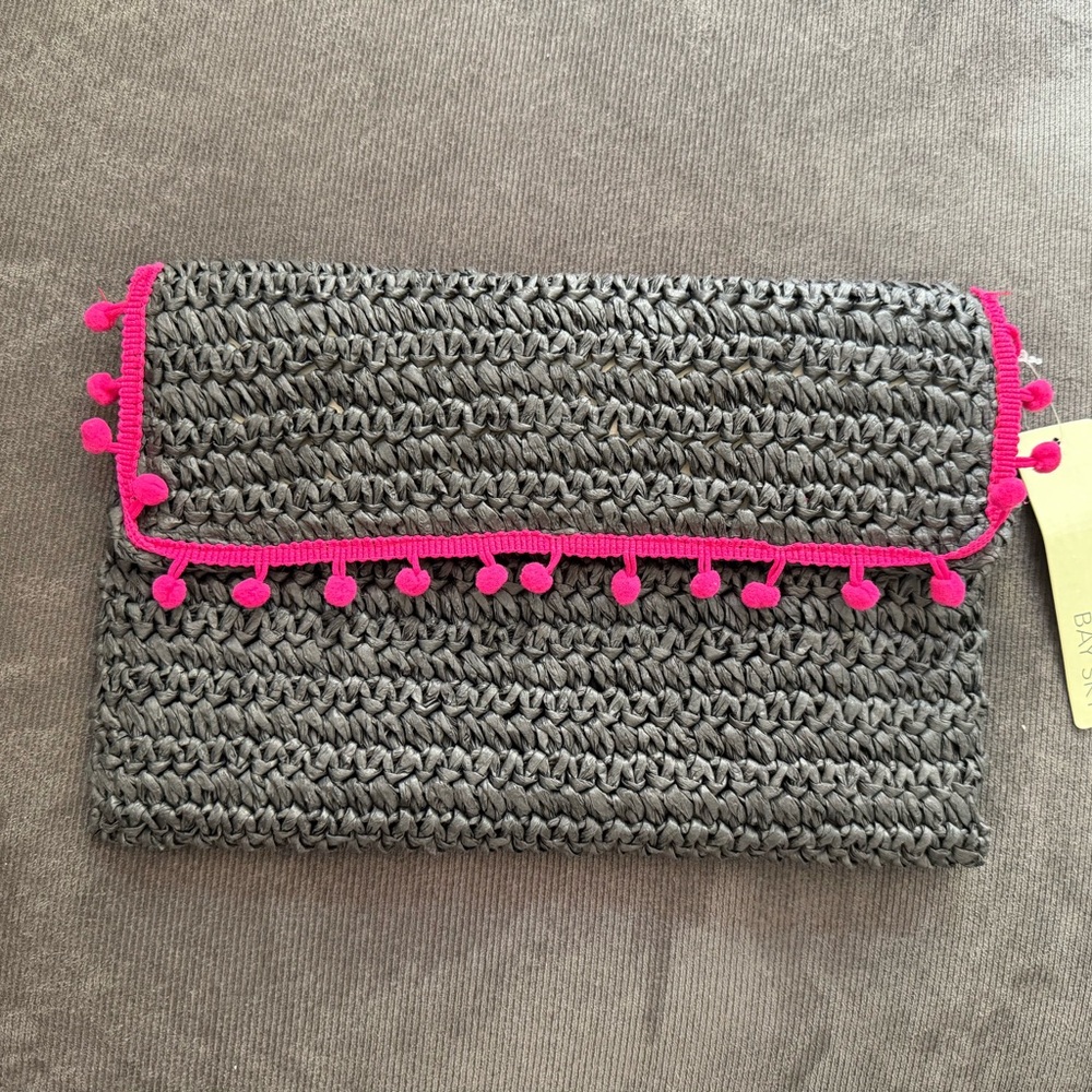 Black Straw Clutch with Pink Pom Pom Trim